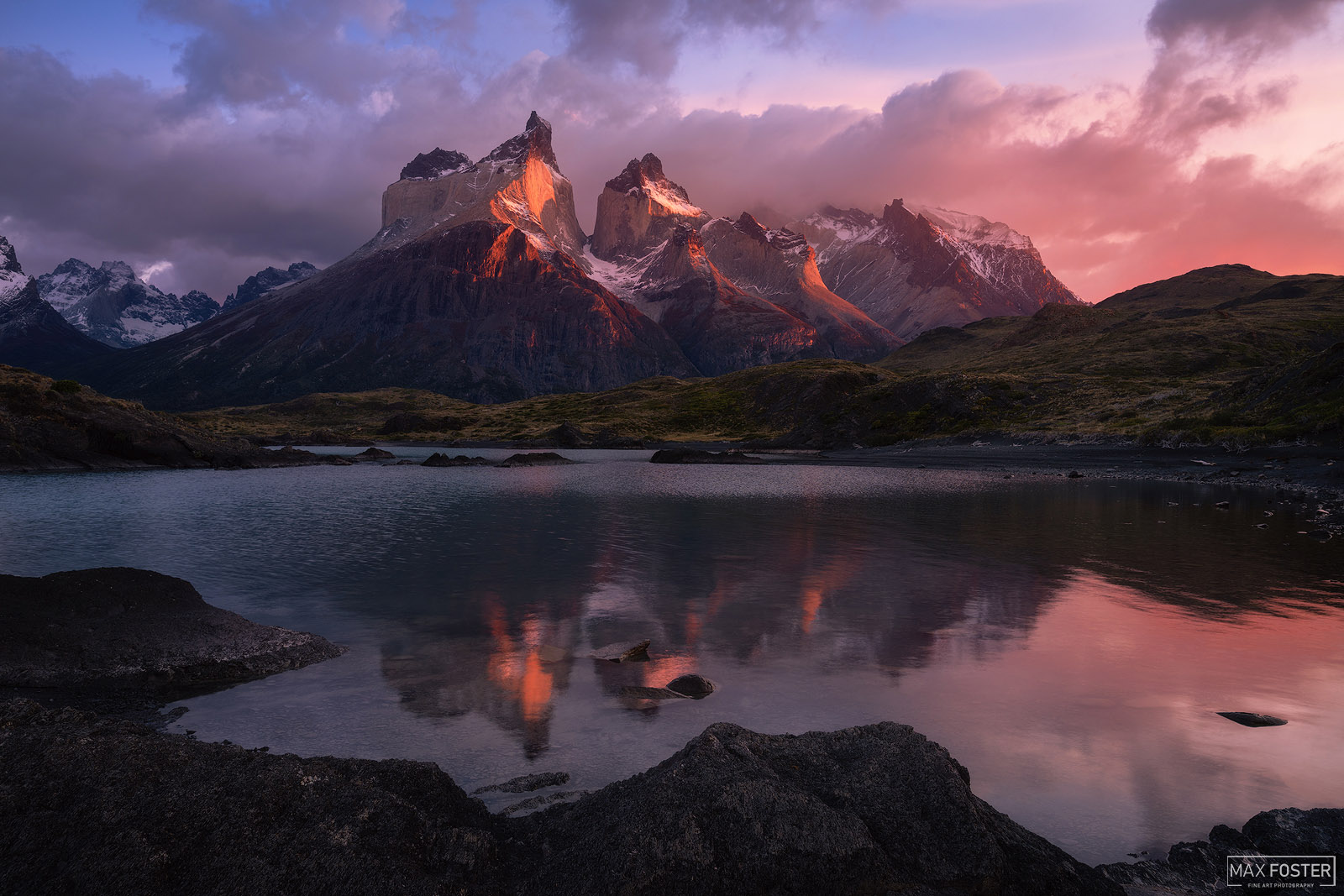 Elevate your walls with Reflective Presence, Max Foster's limited edition photographic print of Los Cuernos (The Horns) Torres...