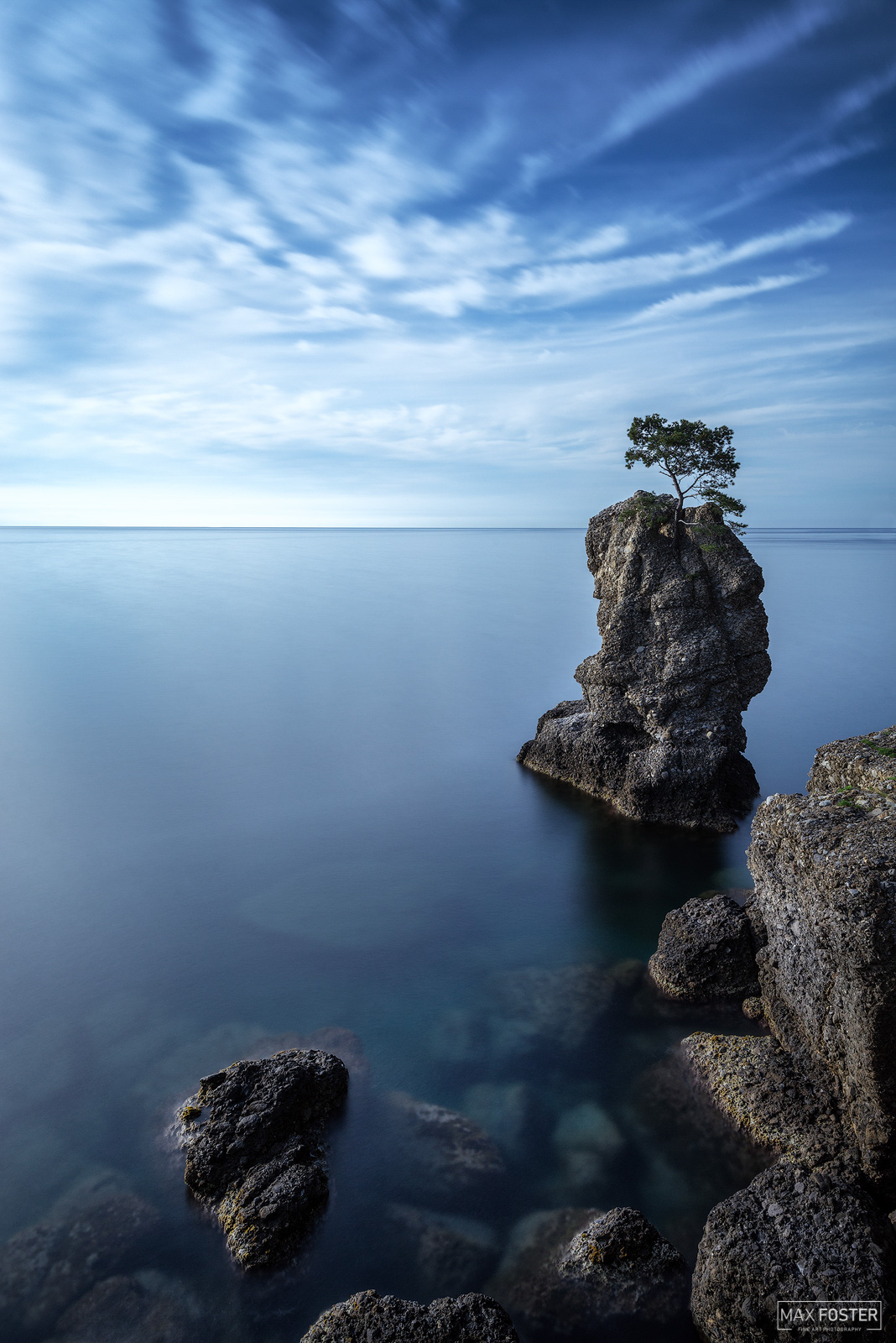 Elevate your space with The Lone Tree, Max Foster's limited edition photography print of a lone cypress off the coast of Portofino...
